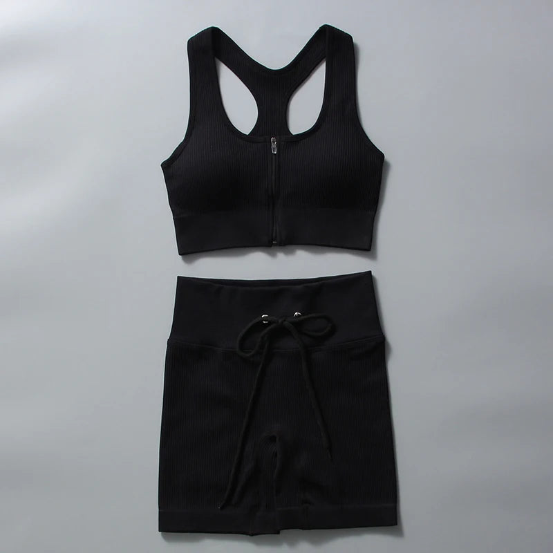 Seamless Yoga Set for Women Zipper Tank Top and Shorts